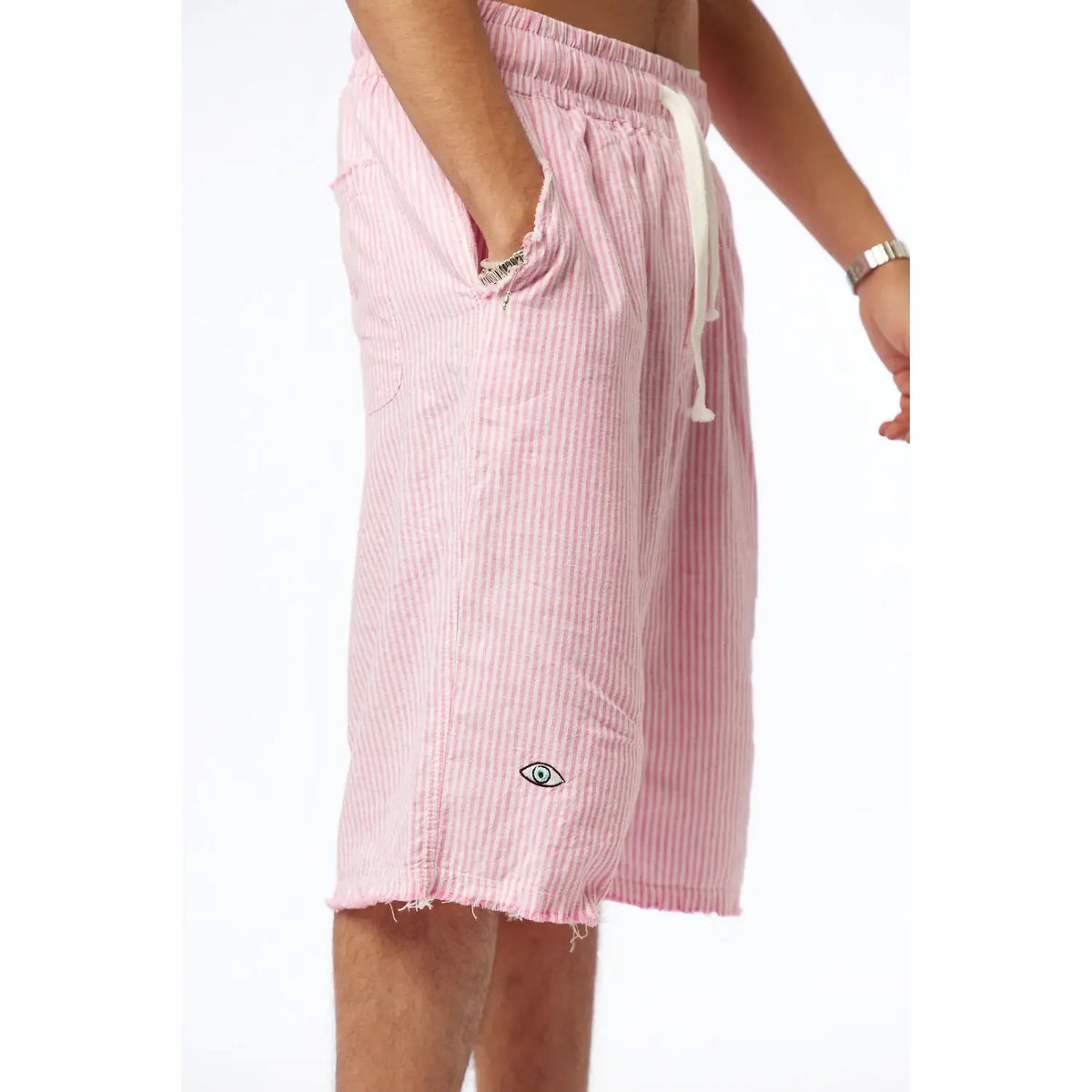 Striped Bermuda Shorts - Pink with a white drawstring and an eye logo on the left leg