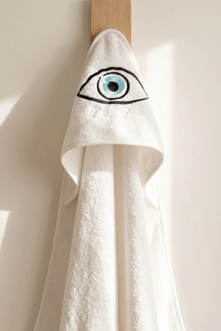Baby Hooded Towel with an embroidered evil eye design on the hood
