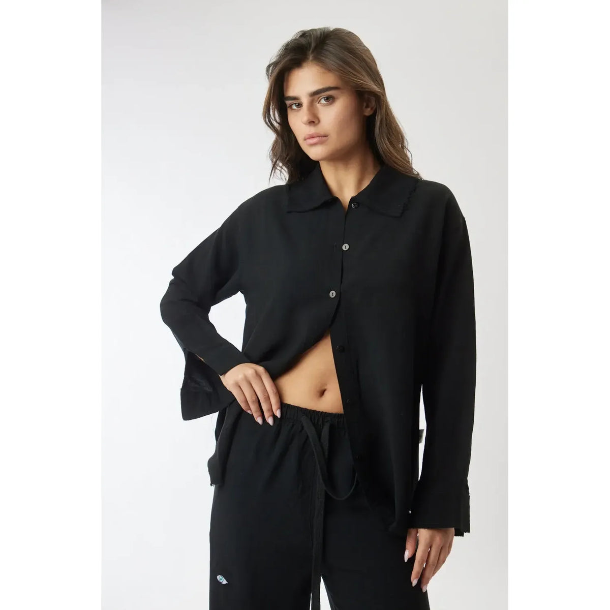 Woman Soft Linen Button-Up - Black TFU-TFU shop