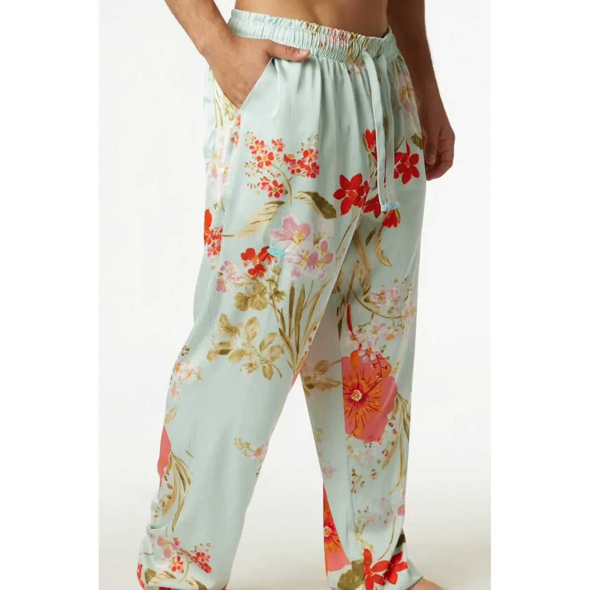 Pure Satin Floral Pants in light blue with red, pink, and green floral pattern