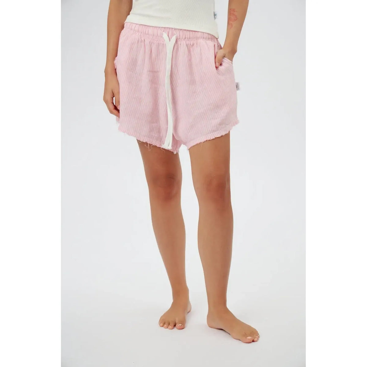 Pure Linen Women's Shorts in pink and white stripes with a white drawstring