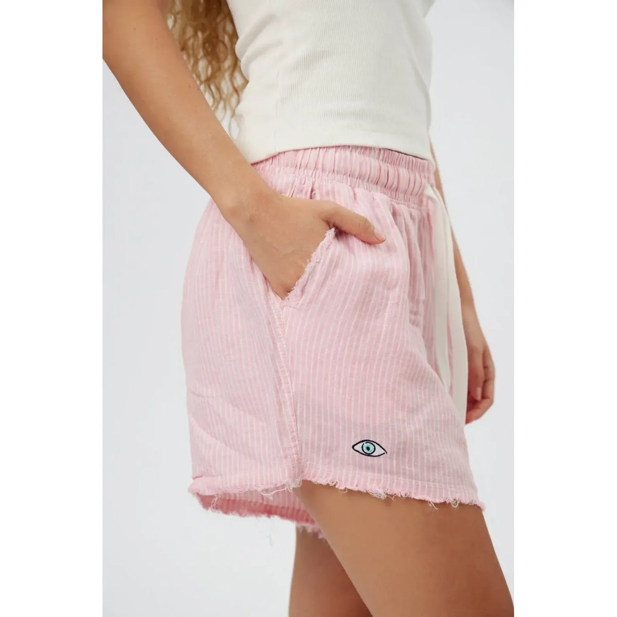 Pure Linen Women's Shorts in pink and white stripes with an embroidered eye detail