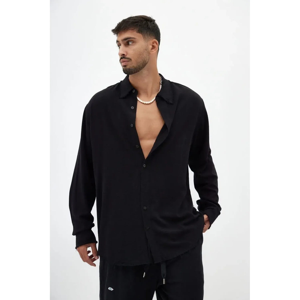 Soft Linen Long Sleeve Button-Up Shirt — Black TFU-TFU shop