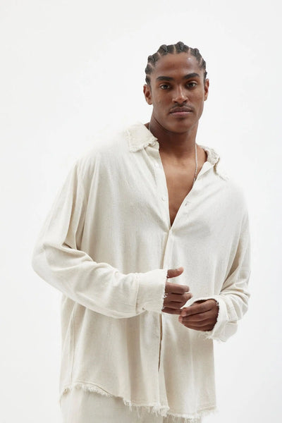 Soft Linen Long Sleeve Button-Up Shirt — Melange Stone