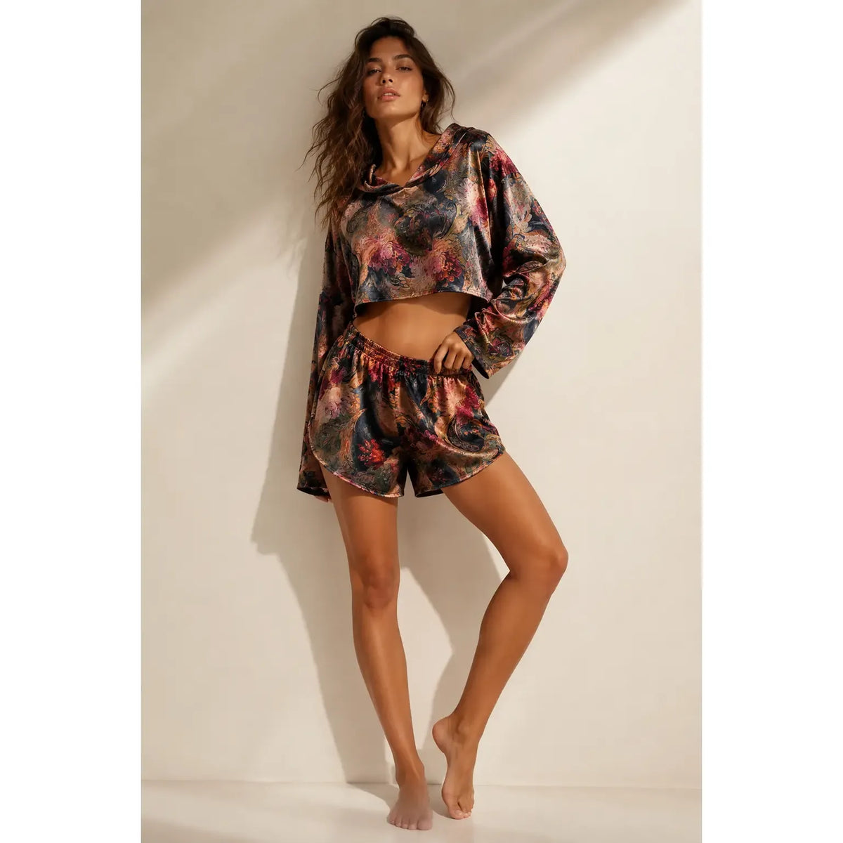 Midnight Bloom Satin Crop Hoodie and matching shorts on a model