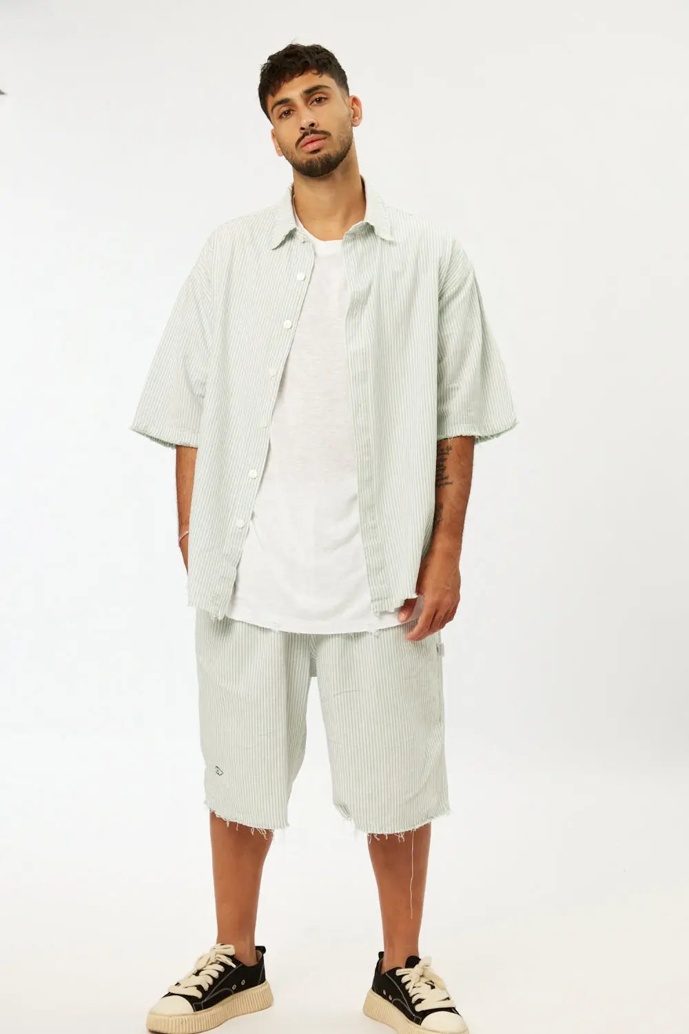 Striped Green Linen Set with short sleeve shirt and Bermuda shorts
