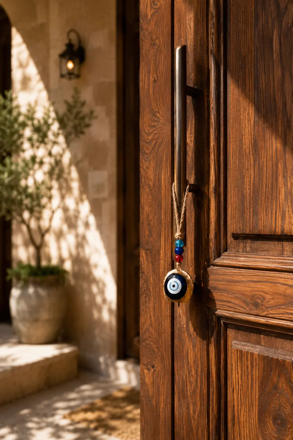Single Hanging Bell Mobile with an evil eye charm and colorful beads, hanging on a wooden door handle