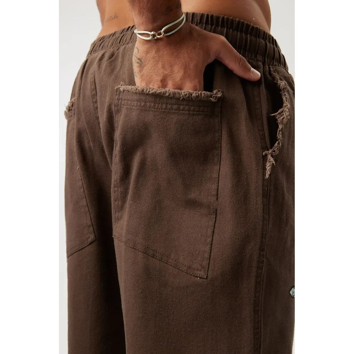 Close up of the back pocket of the brown DC SL Pants with a hand in the pocket