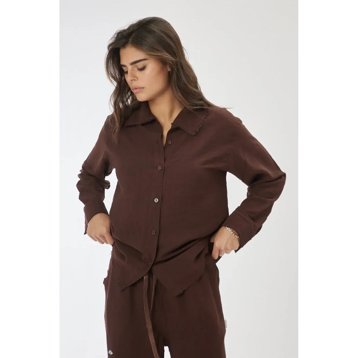 Woman Soft Linen Button-Up - Brown TFU-TFU shop