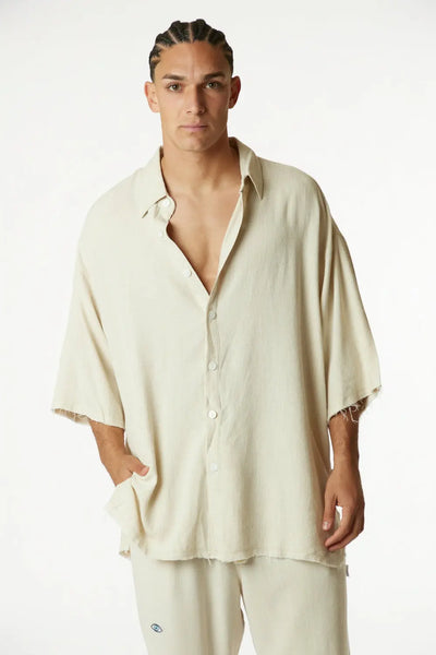 Soft Linen Short Sleeve Button-Up Shirt — Melange Stone