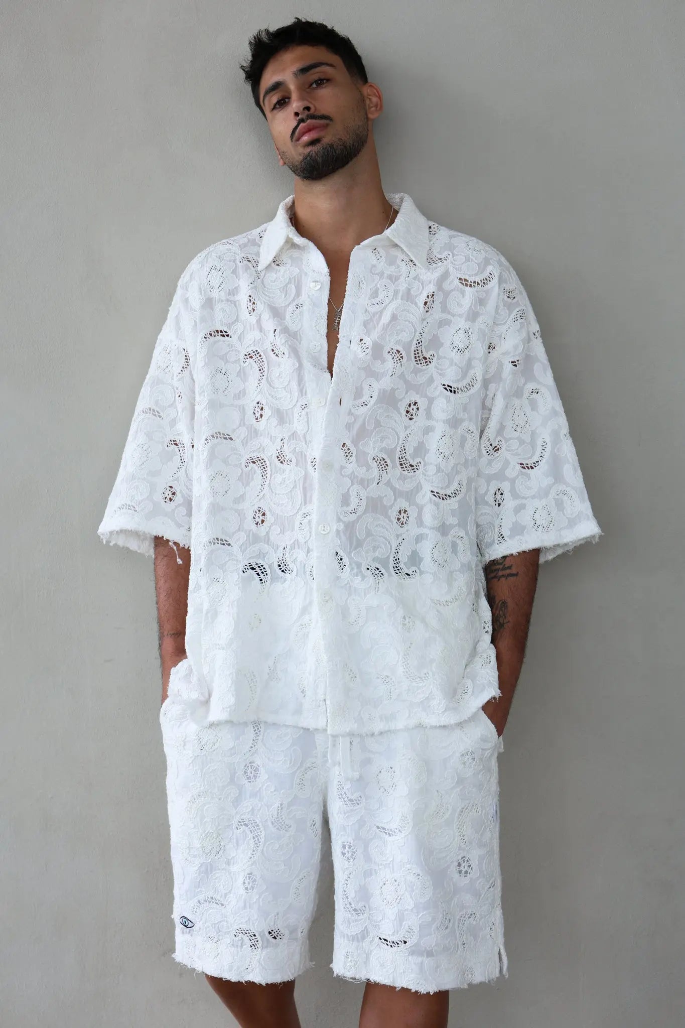 FLR WHITE LIMITED EDITION Jacket and shorts set with intricate lace pattern