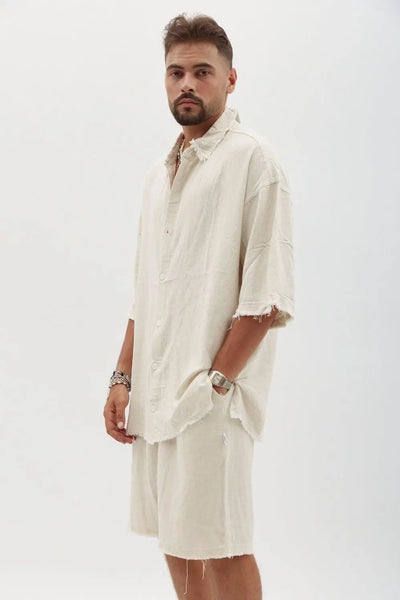 Soft Linen Set — Melange Stone Short Sleeve Shirt & Bermuda Shorts